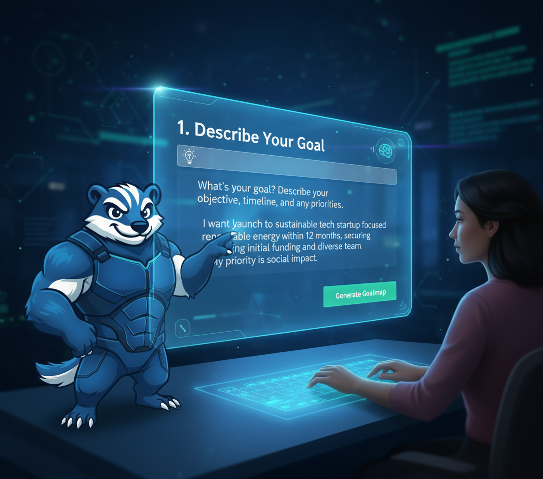 A person at a futuristic desk, describing their goal to the Goalbadger AI.